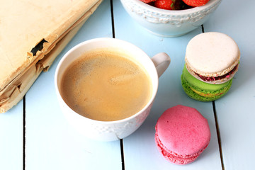  coffee macaroon old book retro vintage French dessert eco organic healthy lifestyle soft selective focus