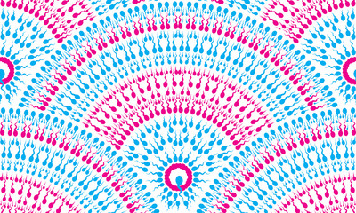 Vector abstract seamless pattern of pink and blue sperm seeking the egg. Fan-shaped icon buttons insemination on white background.