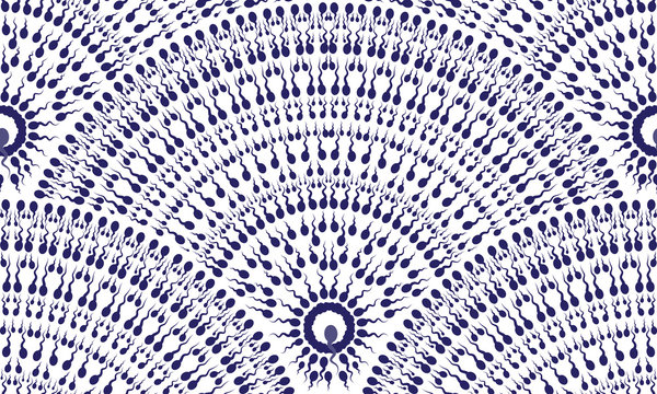 Vector abstract seamless pattern of dark blue sperm seeking the egg. Fan-shaped icon buttons insemination.