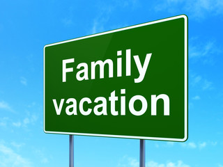 Tourism concept: Family Vacation on road sign background