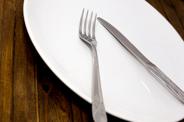 fork with knife and white plate
