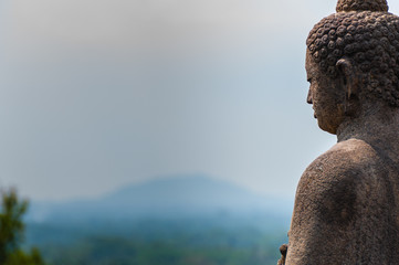 Meditating sitting Buddha in stone above jungle at Borobudur