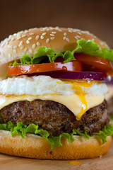 hambuger with pork grilled,egg fried and vegetable