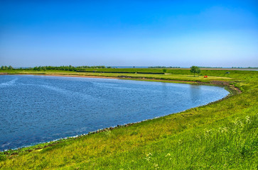 Lake shore with green grass on sunny day, Holland, Netherlands, 