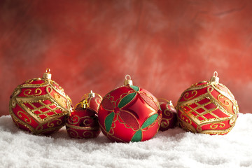 Ornament Christmas baubles on red background
