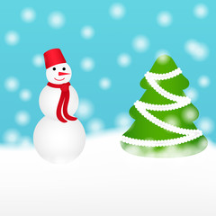 Christmas pattern with snowman and fir tree in snowy day