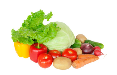 Composition with raw vegetables on white