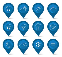 set of weather blue icons - map pointer style