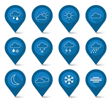 Set Of Weather Blue Icons - Map Pointer Style