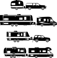Set of different silhouettes travel trailer caravans on a white background. Vector illustration