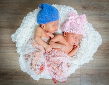 newborn twins l sleeping in a basket