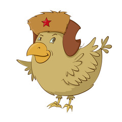 smiling bird in a fur hat with earflaps