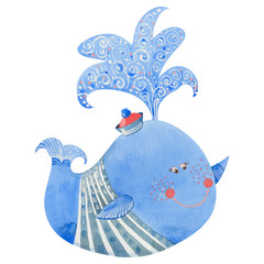 Obraz premium watercolor illustration of blue whale, on white background