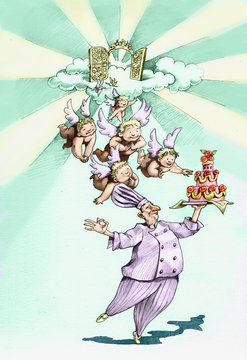man baking a cake catching angels