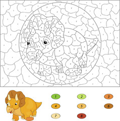 Color by number educational game for kids. Cartoon Triceratops.
