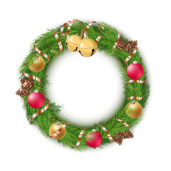 Fototapeta na wymiar Christmas Wreath with Decorations and Pine Cones on White Background 