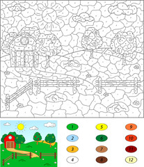 Color by number educational game for kids. Rural landscape with