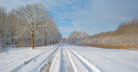 Snowy road through the countryside in winter 