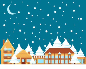 Obraz premium Winter town. Wooden houses and trees at night. Vector illustration