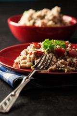 Salad couscous with tuna, bell pepper, cucumber, red onion and green beans