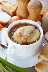 French cuisine. Onion soup served in a white tureen