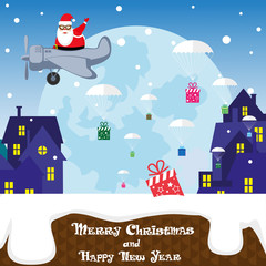 Vector. Christmas banner Santa Claus on airplane and gift box on parachute against a background of silhouettes of city roofs and moon