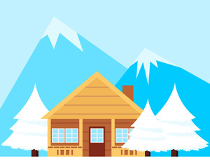 Wooden house in the forest on a background of mountains. Vector illustration