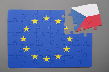 Puzzle with  flag of european union and czech republic piece detached.