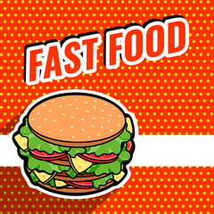 Pop art fast food banner with tasty burger sandwich and space for your message, hamburger in comic style