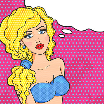 Vector illustration of young blonde woman in pop art comic style with think cloud for your text, woman in swimsuit or bra