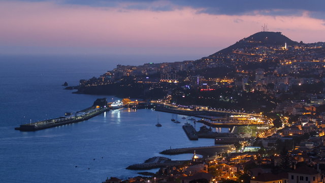 After sunset panoramic view to Funchal, Madeira, Portugal timelapse