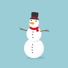 Snowman with top hat on blue background. Vector illustration