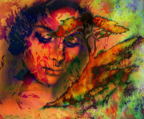 Goddess woman, with ornamental face and tree, and color abstract background. meditative closed eyes.