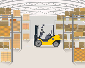 The loader is in a large light between warehouse rack storages with merchandise. Vector illustration