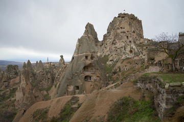 Fototapeta na wymiar Вид на гору-крепость Учхисар и пещерный город. Каппадокия, Турция
