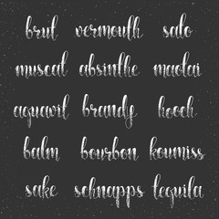 Obraz premium Set names of species alcohol in calligraphy handmade design menu.