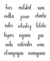 Set names of species alcohol in calligraphy handmade design menu.