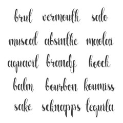 Set names of species alcohol in calligraphy handmade design menu.