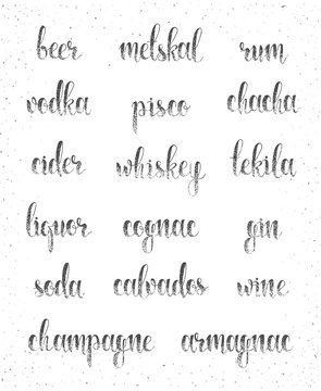 Set names of species alcohol in calligraphy handmade design menu.