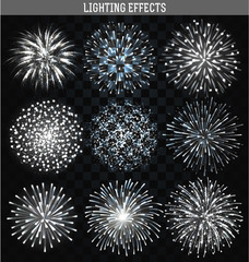 Set 9 realistic fireworks different shapes. White festive, bright firework 