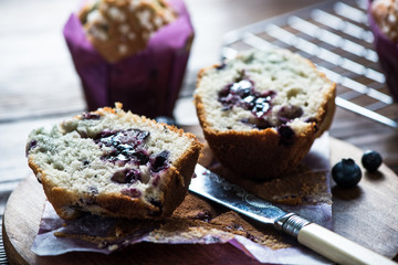 Fresh homemade blueberry muffin, cut in half