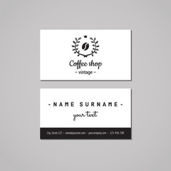 Coffee shop business card design concept. Coffee shop logo with coffee bean and laurel wreath. Vintage, hipster and retro style. Black and white.