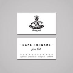 Organic food business card design concept. Food logo with lemon, pineapple and spinach. Vintage, hipster and retro style. Black and white.