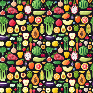 Big fruits and vegetables seamless vector pattern. Modern flat design. Healthy food wrapping paper.