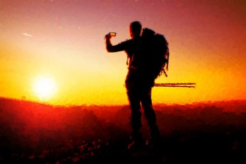 Watercolor paint. Paint effect. Strong man hiker taking photo with smart phone at mountain peak. Marvellous daybreak.