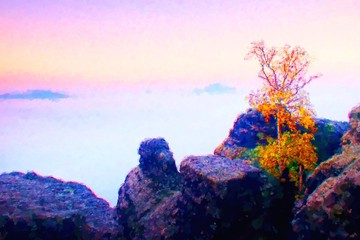 Fototapeta na wymiar Watercolor paint. Paint effect. Island with tree in misty ocean. Full moon night in beautiful mountain. Peaks in heavy creamy fog.