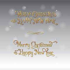 Set of two Merry Christmas and Happy New Year typography calligraphy text vintage style design in golden color with silver and grey gradients background.