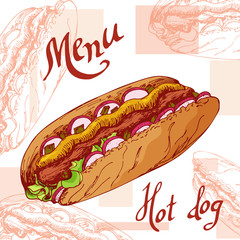 Fast food poster with hot dog. Hand draw retro illustration. Vintage burger design. Template