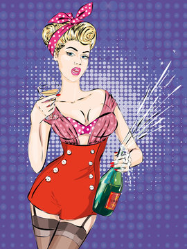 Pin-up Christmas girl with bottle of champagne