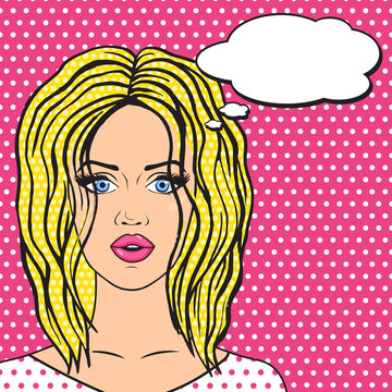 Pop art sleepy blonde woman with messy hair and think bubble for your message, cute woman in pajamas in comics style